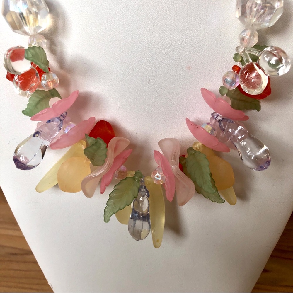 Vintage 80s Plastic Fruit and Floral Necklace Pastel